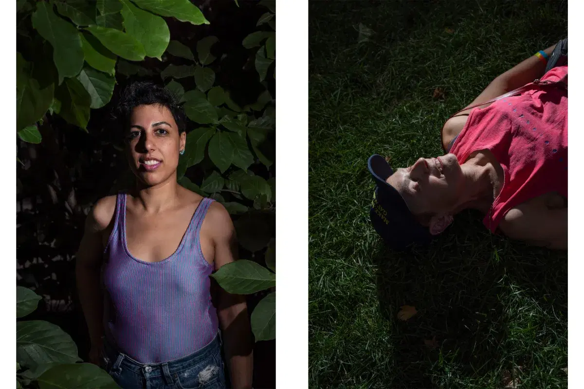Diptych of person in tree and person laying on grass