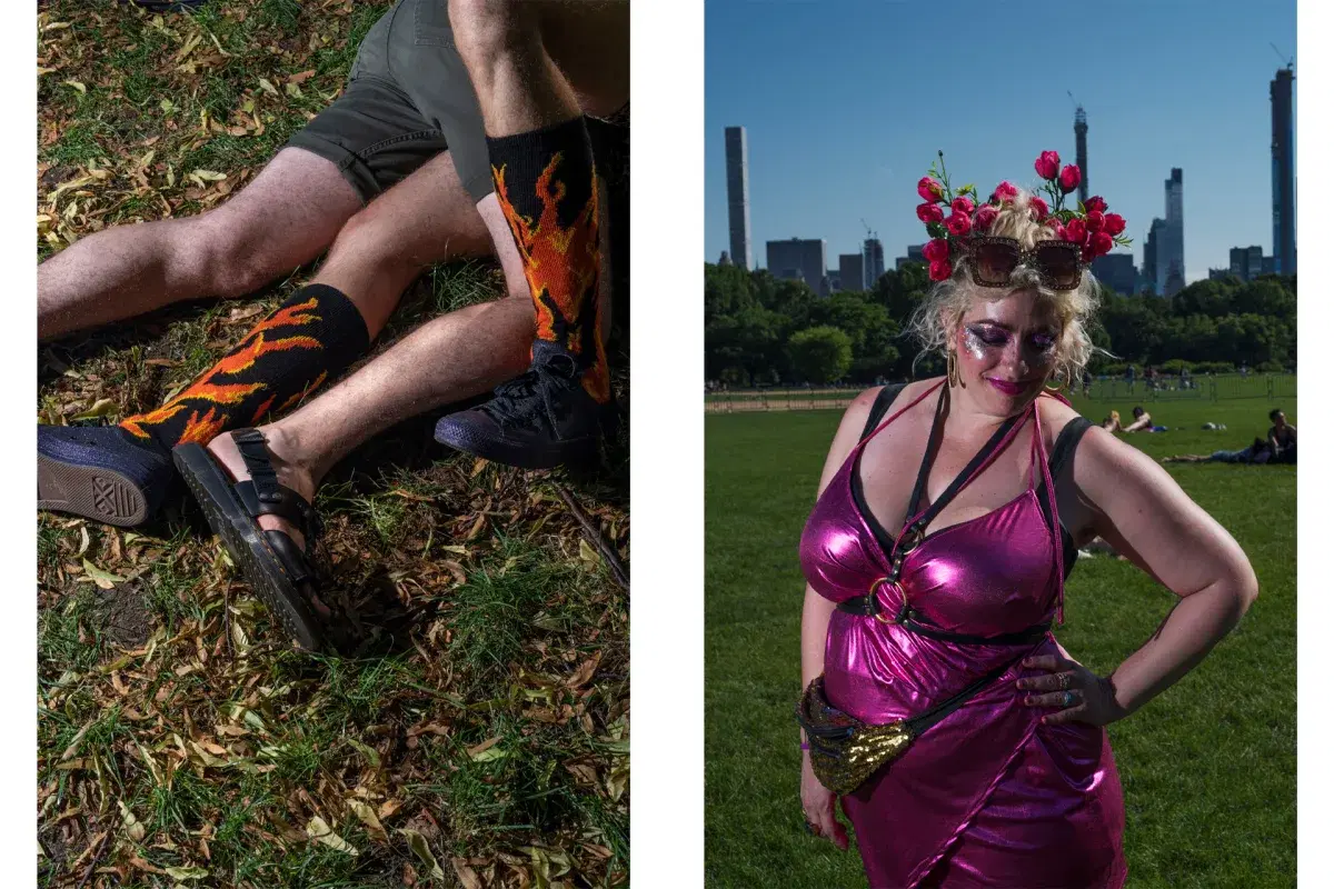 Diptych of peoples legs with fire socks and person wearing red roses crown