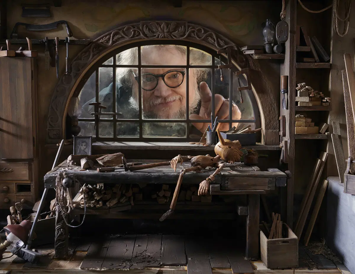 Guillermo del Toro on the set of Guillermo del Toro&rsquo;s Pinocchio, 2022. Image courtesy, Jason Schmidt/Netflix