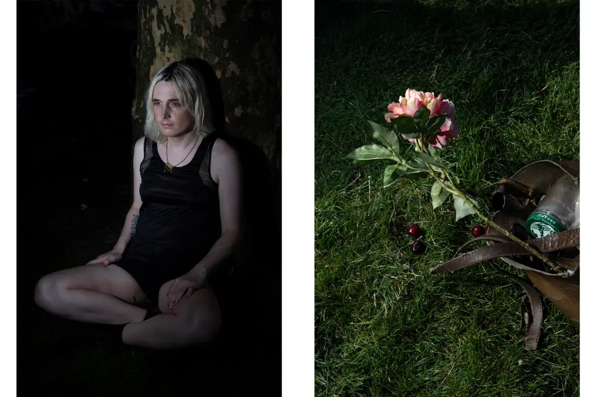 Diptych of person leaning on a tree and flower in a bag