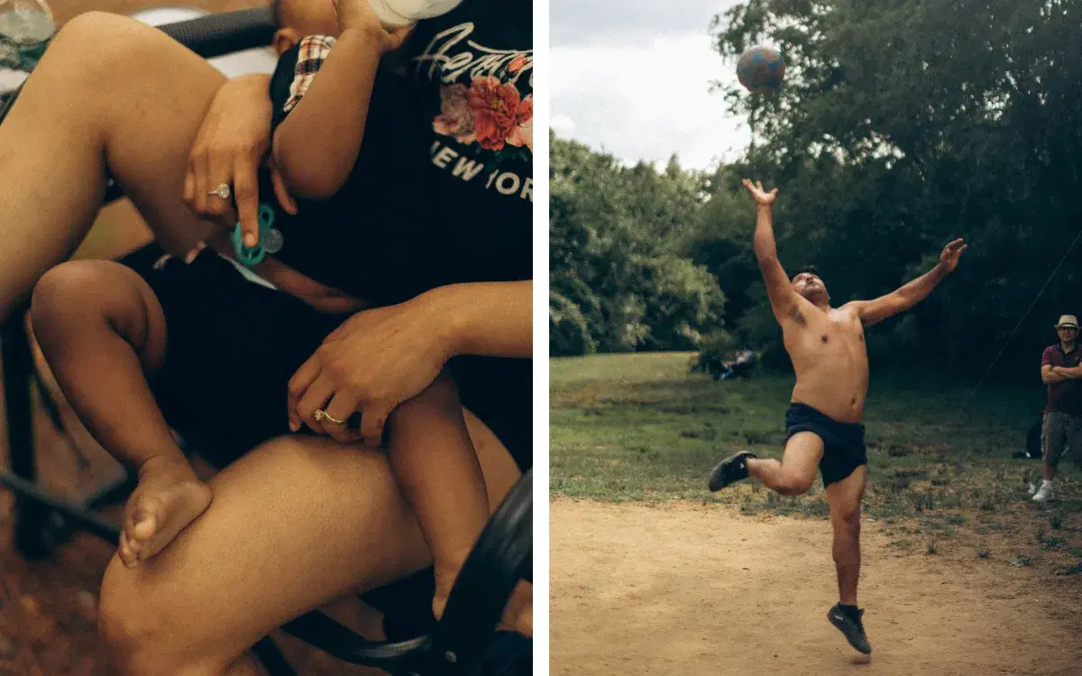 Diptych image, A baby in their parents' arms, A person plays volleyball, in Van Cortlandt park in the Bronx