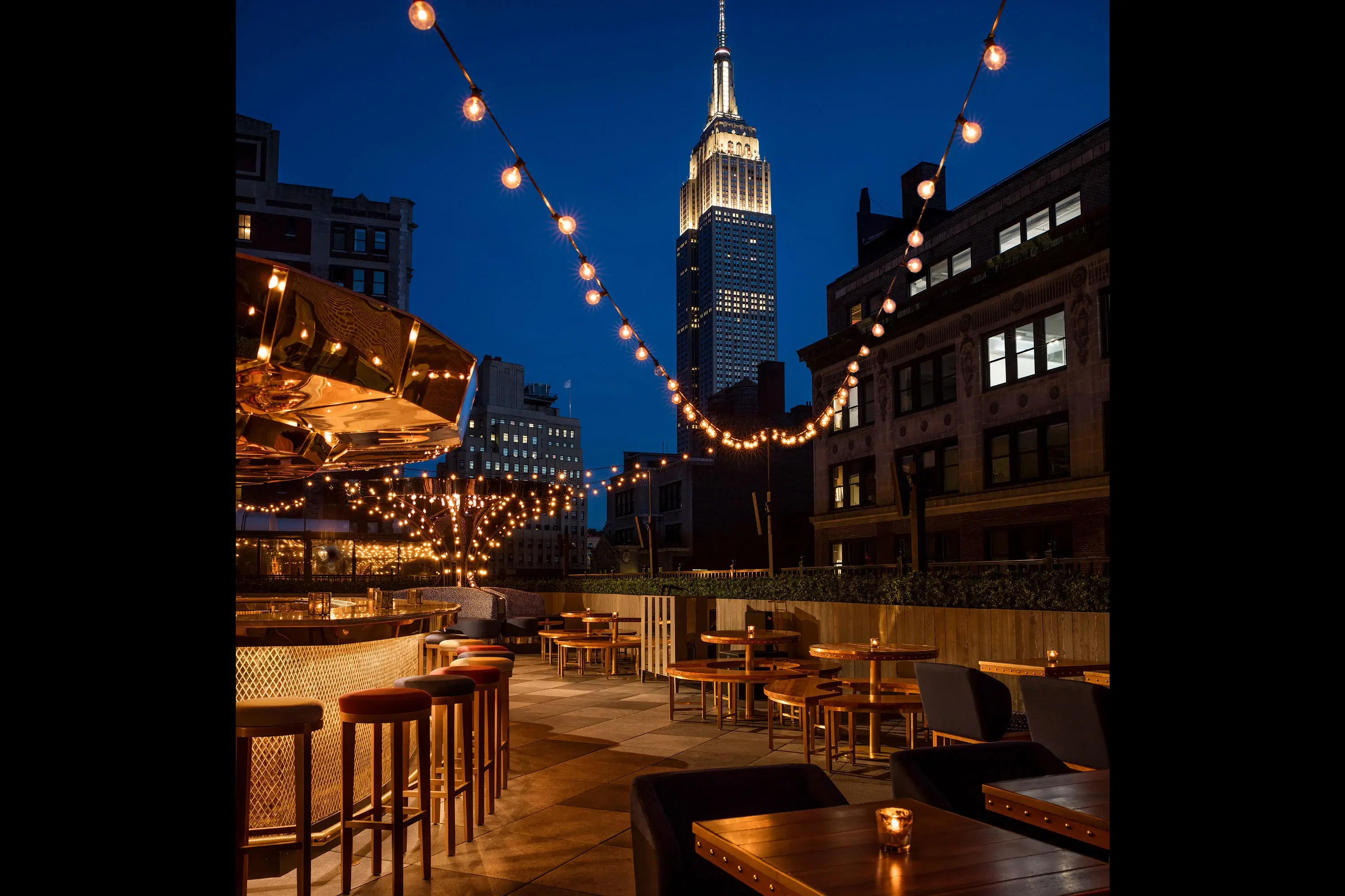 Moxy Times Square, rooftop, evening, empire state building