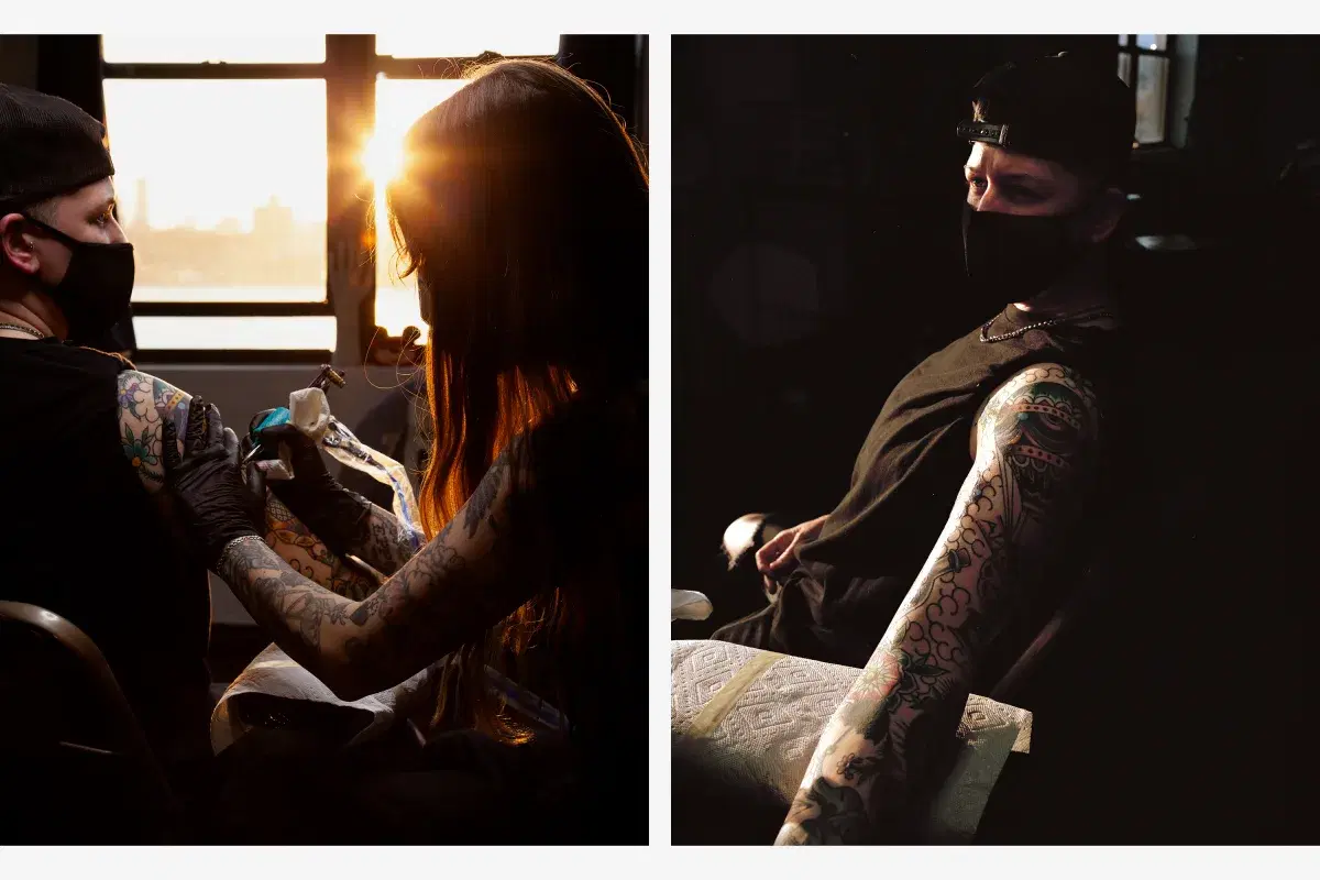 Clockwise from top left: Steph and Virginia; Niamh O’Reilly; Virginia tattooing