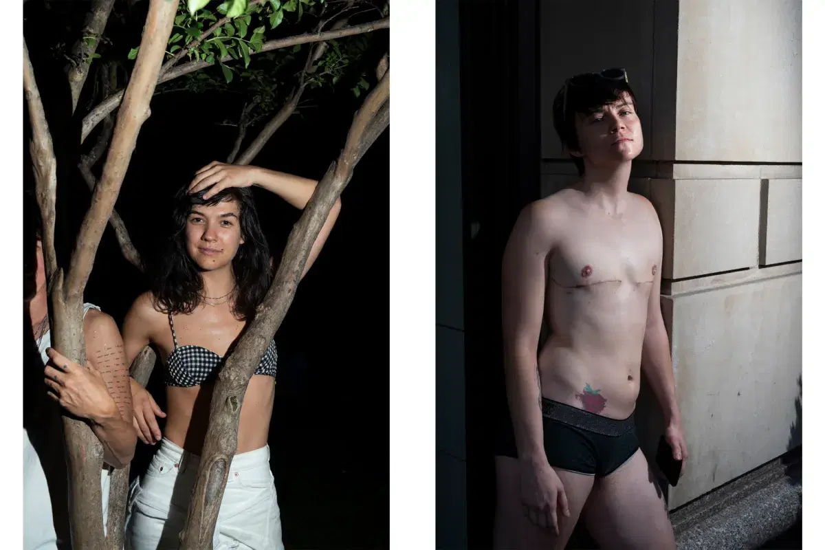 Diptych of person standing behind a tree and person posing in underwear