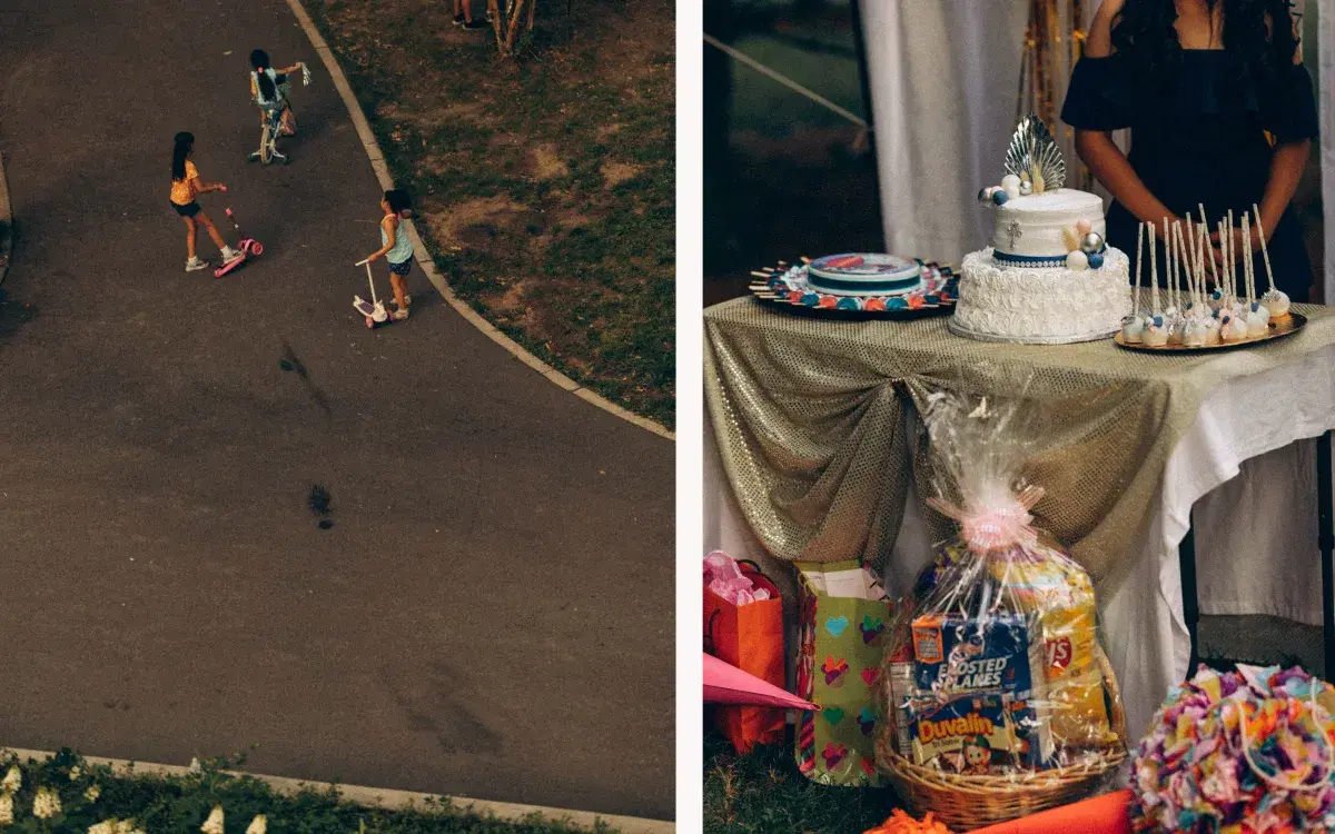 Diptych image, three kids on scooters, a young person standing behind a table, there is a cake and a piñata,  at Van Cortlandt park in the Bronx
