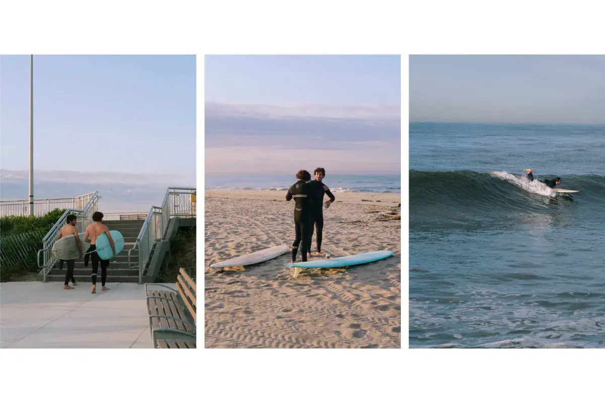 Surfers walking at boardwalk, surfers getting ready to surf and person surfing in Rockaway Beach