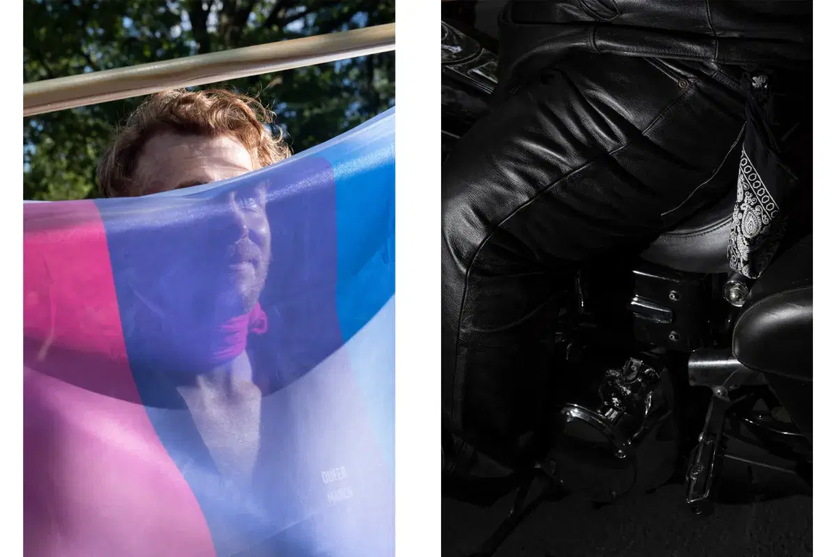 Diptych of person standing behind a flag and motorcycle seat 