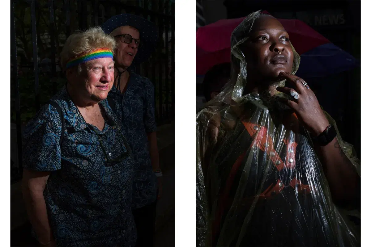 Diptych of person with pride headband and person wearing rain poncho