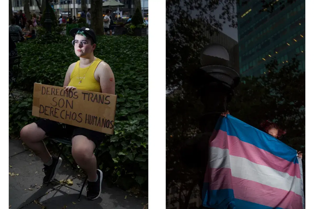 Diptych of person sitting with sign and person holding a flag