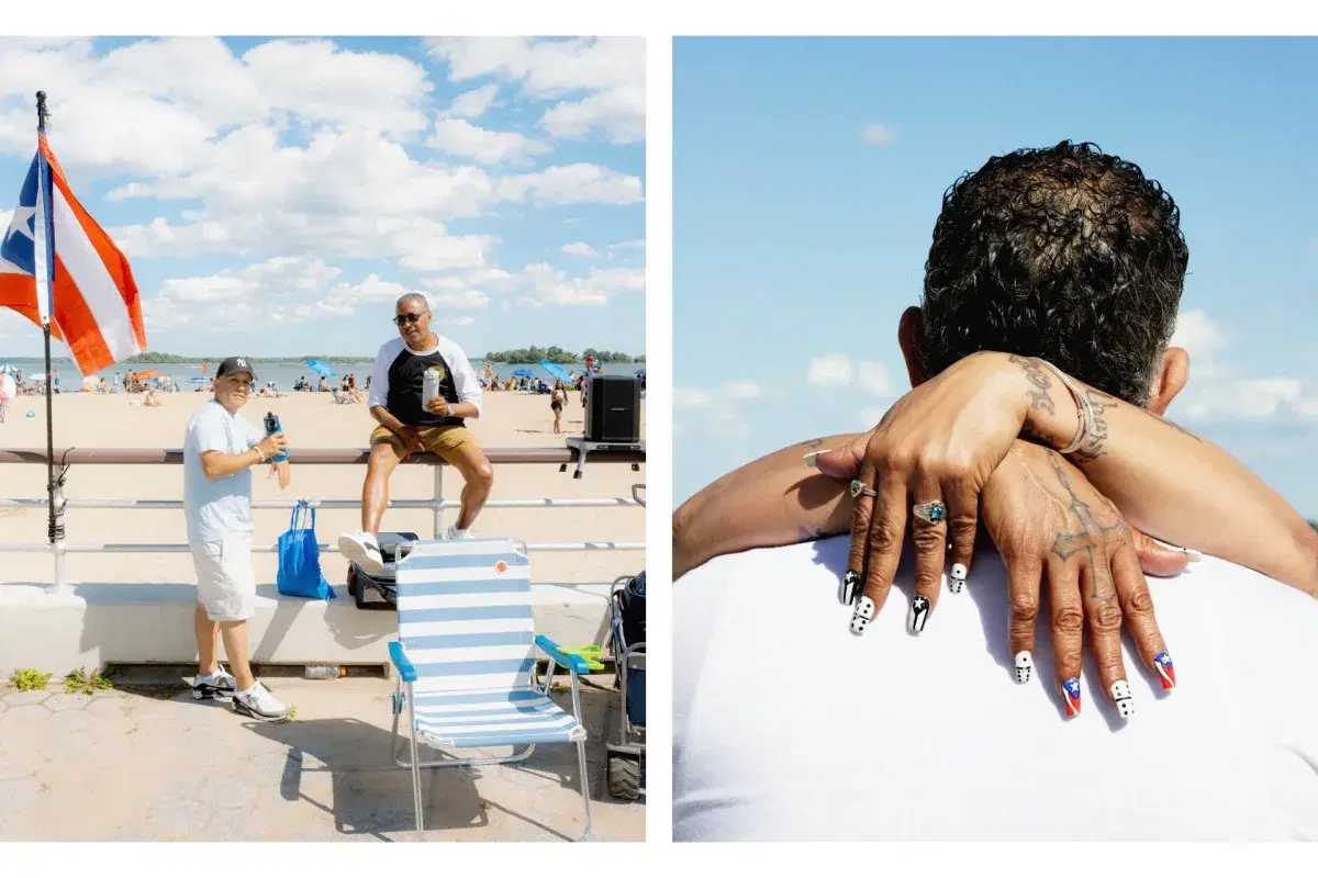 People sitting on beach rail and people hugging with close up of nails with Domino and Puerto Rican flag