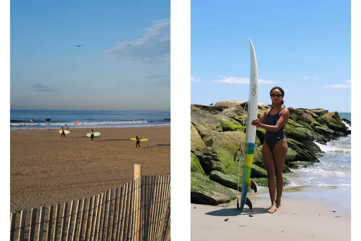 Surfers walking in Rockaway Beach and surfer posing with surfboard next to rocks