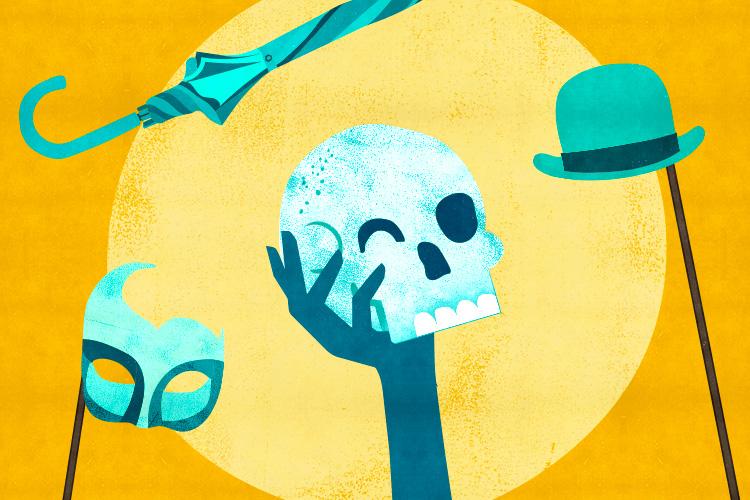 illustration of masks, skull faces, umbrellas, and bowler hats 