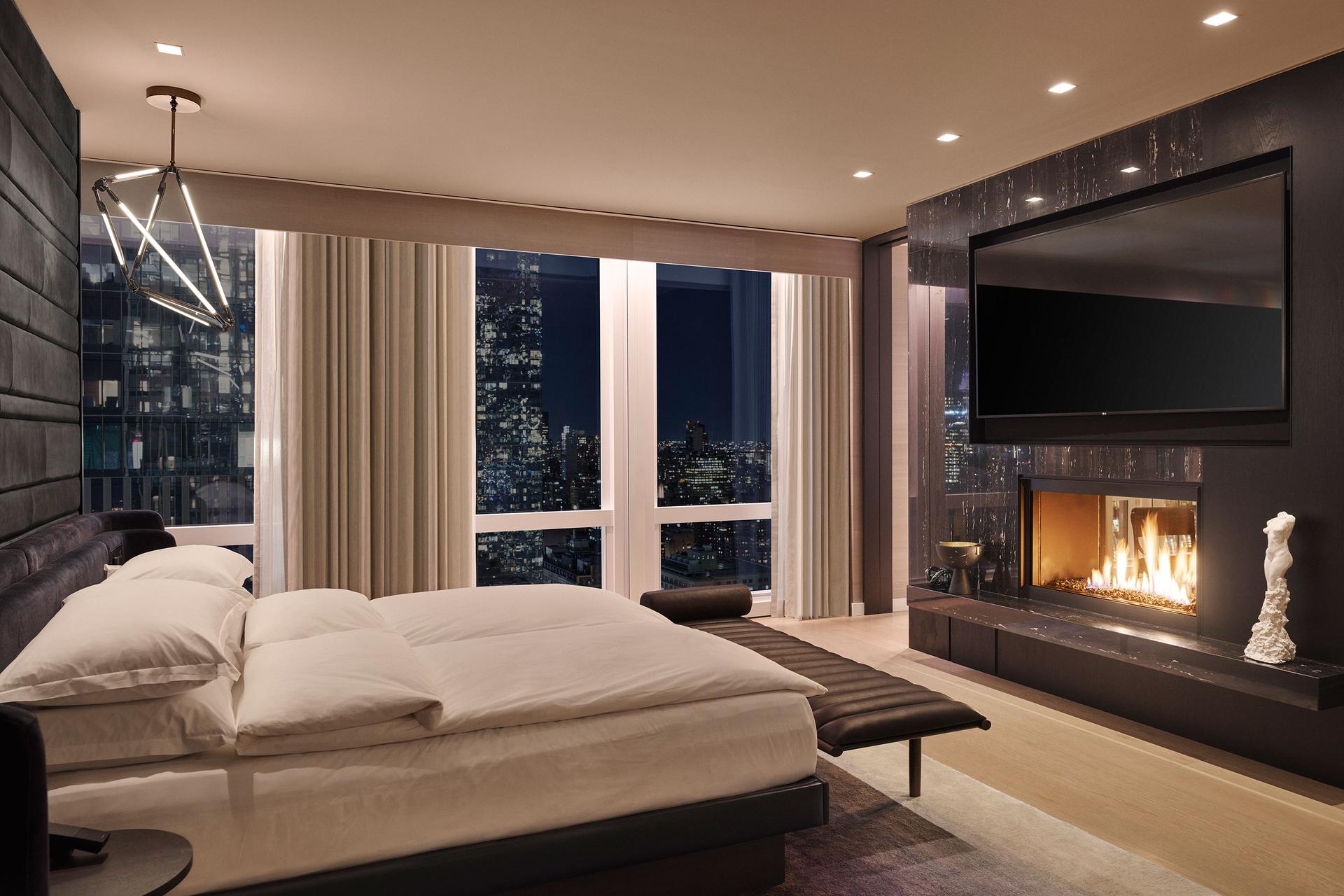 bedroom fireplace  in Equinox Hotel in  Hudson Yards, NYC