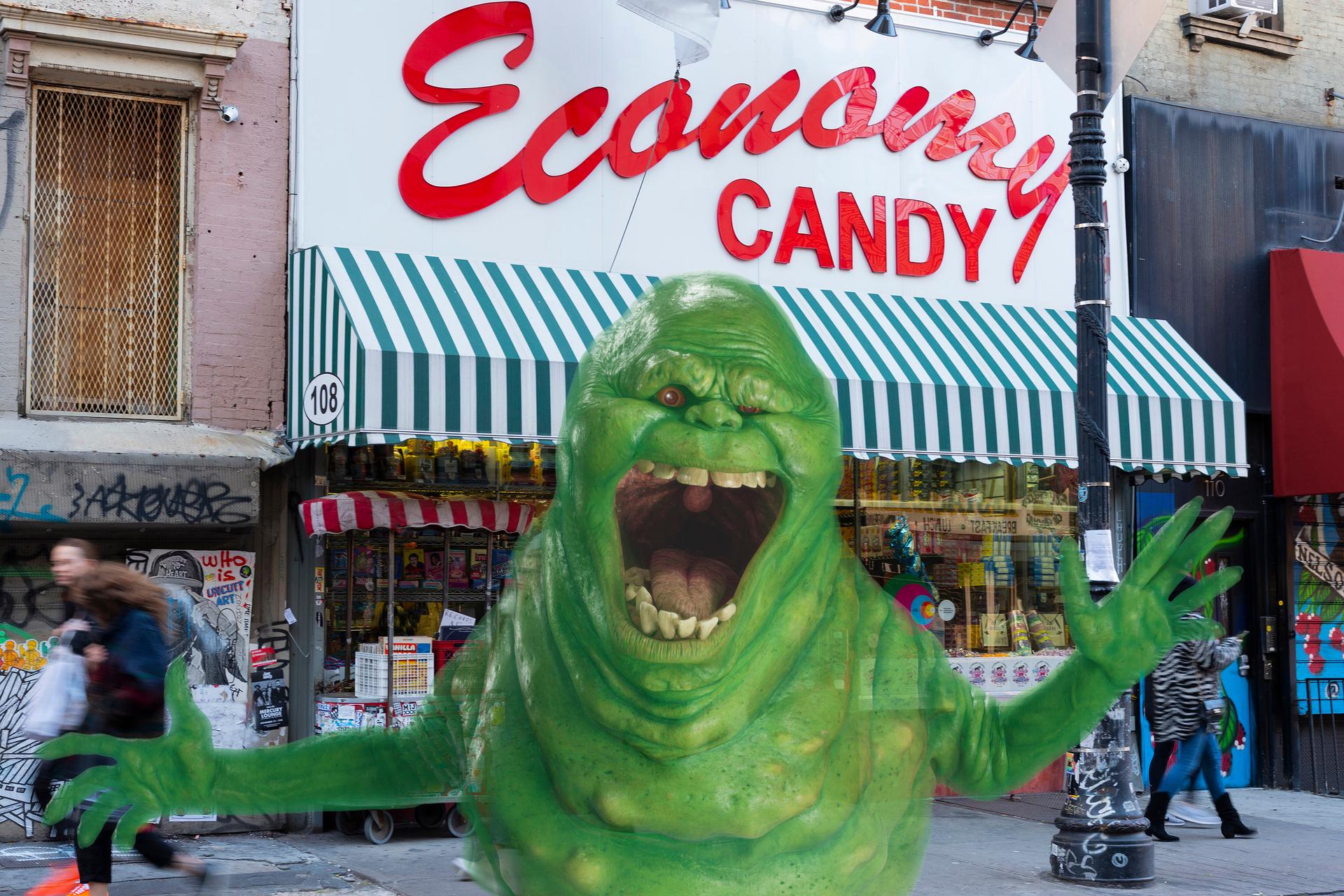 Slimer from Ghostbusters in front of Economy Candy