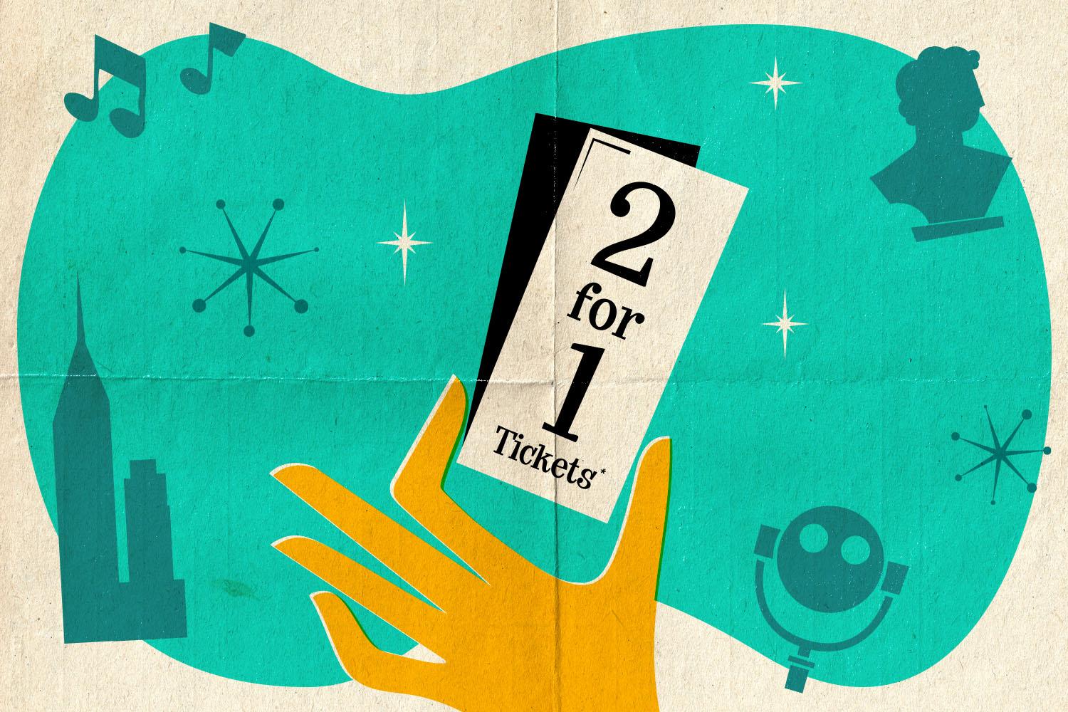 A stylized illustration of a yellow hand holding a "2 for 1 Tickets" flyer against a teal background with icons of music notes, a city skyline, a microphone, and stars.